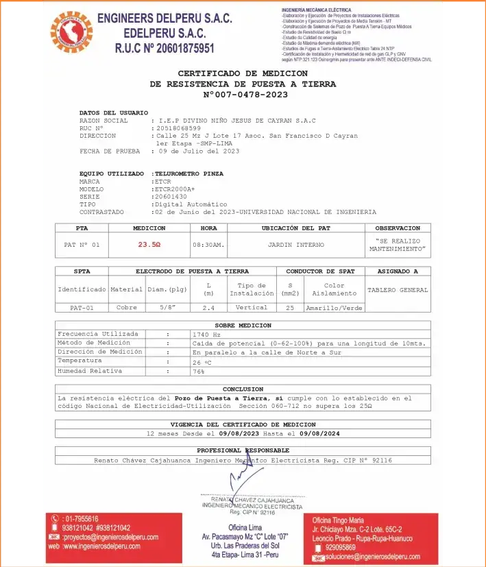 certificado de puesta a tierra